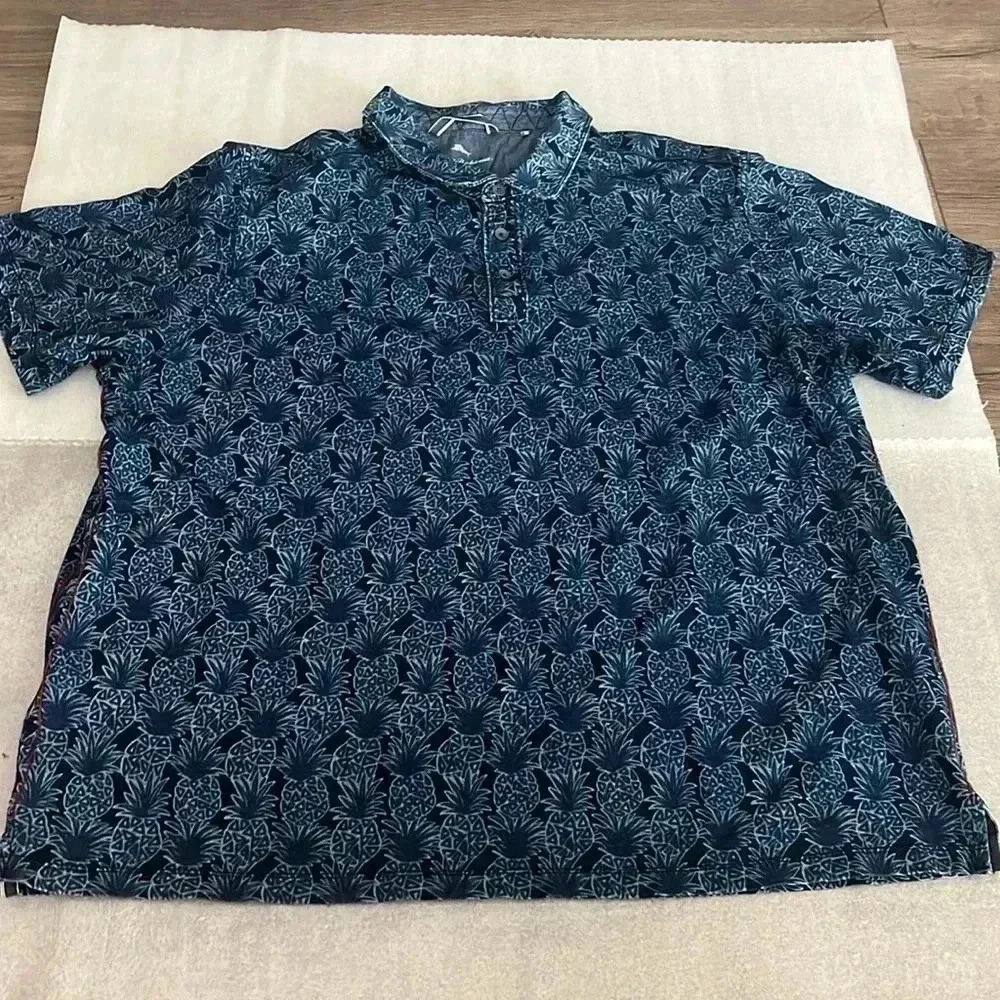 [3XL/Ptp:26”]Tommy Bahamas Pinapple Pattern Blue Collared PullOver S/S Men Shirt